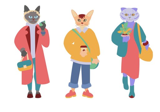 Antropomorphic cats girls dressed up casual street wear Set of cute characters Flat vector illustration