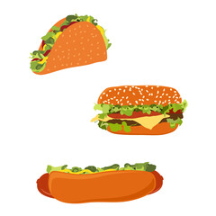Vector illustration american fast food hotdog, burger hamburger or cheeseburger and traditional mexican fast food taco.