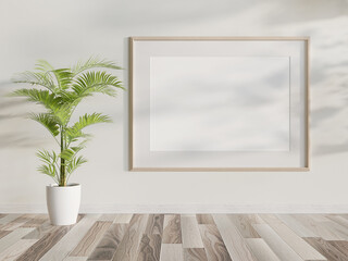 Fototapeta na wymiar Wooden frame hanging in bright interior mockup. Template of a picture framed on a wall 3D rendering