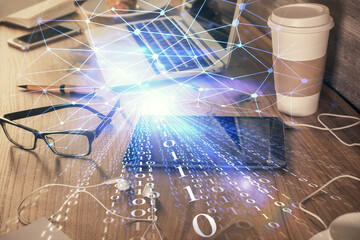 Double exposure of data theme drawing and mobile phone background. Concept of innovation