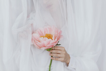 Stylish woman behind soft white fabric holding peony in hands. Sensual aesthetic image. Womens day