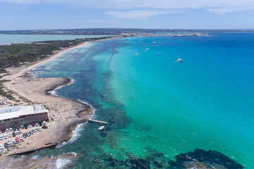 Beautiful blue aerial of Formentera the Maldives of Europe in Ibiza Spain