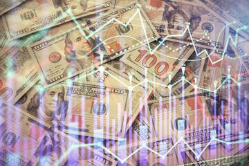 Multi exposure of forex chart drawing over us dollars bill background. Concept of financial success markets.