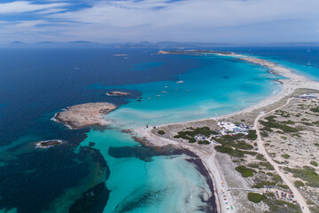 Amazing aerial of shore at Formentera the Maldives of Europe in Ibiza Spain with amazing land structure - obrazy, fototapety, plakaty