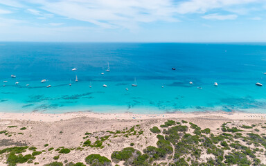 Front aerial of Formentera coastline  the Maldives of Europe in Ibiza Spain
