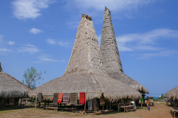Fototapeta na wymiar Spectacular traditional high pyramidal thatched roofs houses with ocean background in Ratenggaro village on Sumba island, East Nusa Tenggara, Indonesia