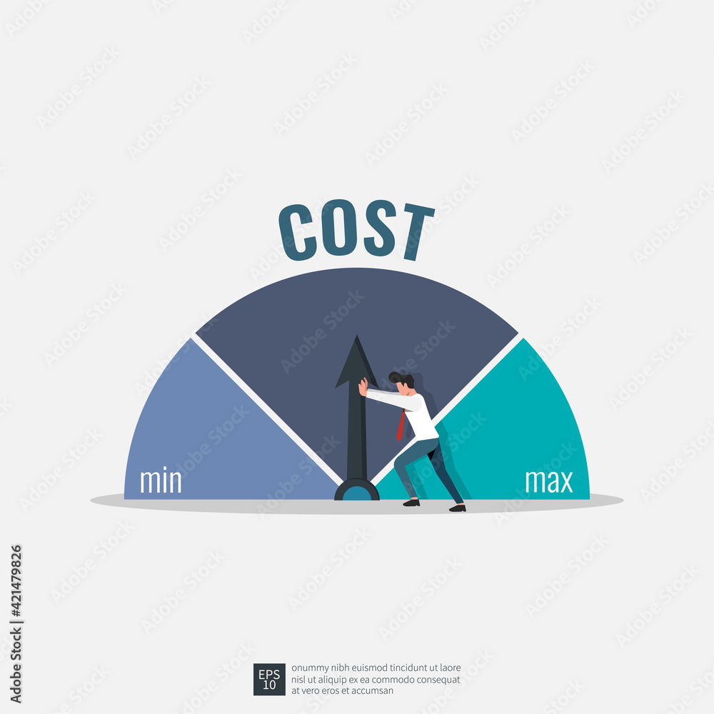 Poster businessman trying to push cost to minimum position illustration. cost reduction strategy concept.