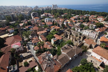 Antalya city Kaleici old town aerial view and historical truncated minaret. TURKEY