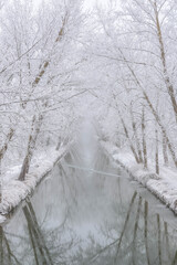 Castile Canal in winter with a strong frost. Valladolid, Castile and Leon, Spain