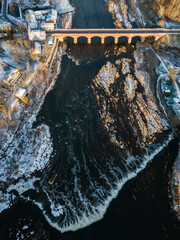 Venta Rapid waterfall, the widest waterfall in Europe and long brick bridge, Kuldiga, Latvia. Captured from above.