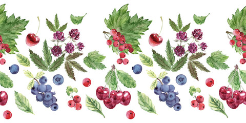 Watercolor seamless border with various berries, red currants, blackberries, blueberries and cherries