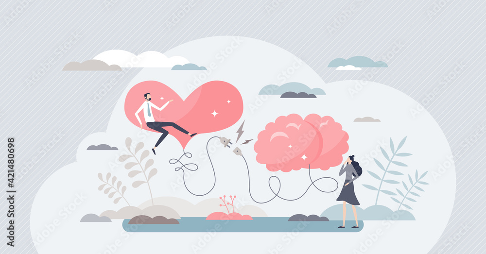 Poster mind heart connection moment as logic and emotion socket tiny person concept