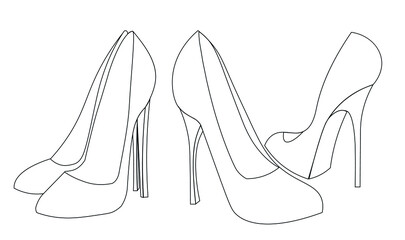 Fashionable black and white high-heeled shoes illustration without colors