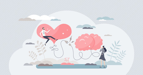 Mind heart connection moment as logic and emotion socket tiny person concept