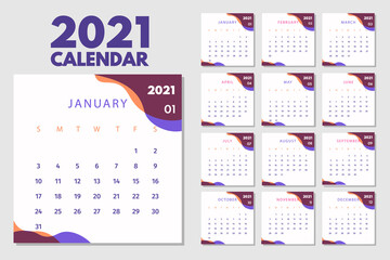 Abstract calendar layout for 2021 calendar design template. Week starts on Sunday. Single Page calendar 2021 design vector illustration