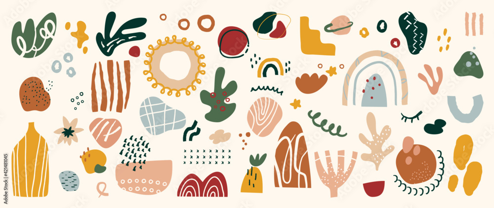 Poster abstract art background vector. creative hand drawn various shapes and doodle object elements for ki