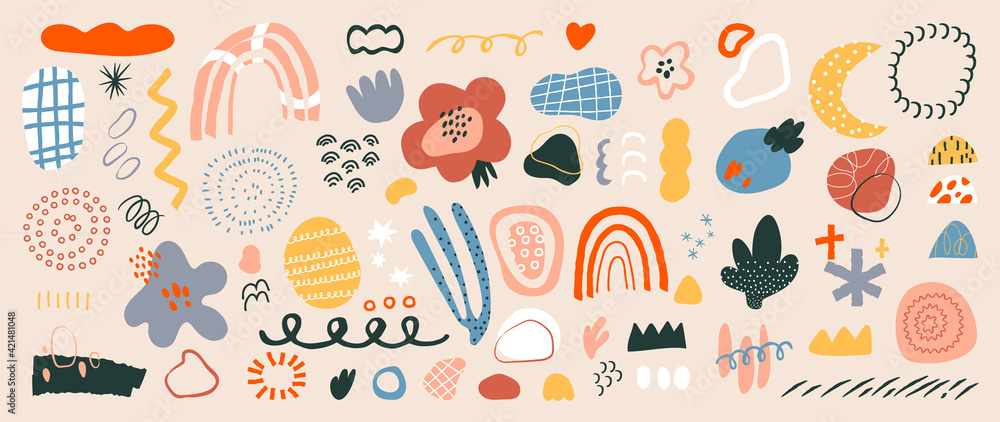 Aufkleber abstract art background vector. creative hand drawn various shapes and doodle object elements for ki