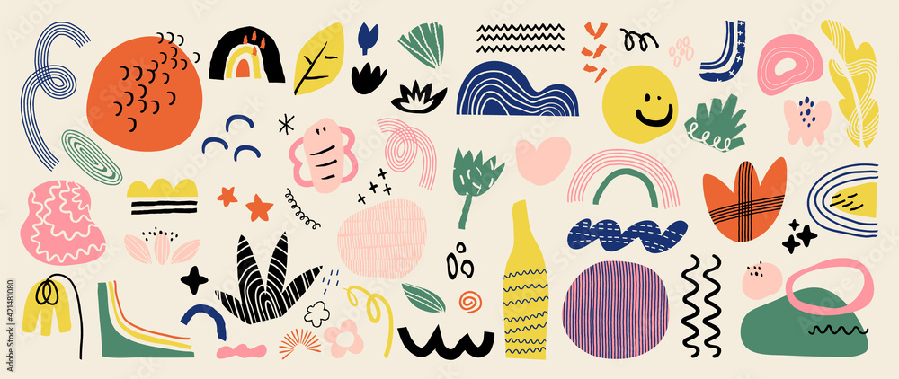 Aufkleber abstract art background vector. creative hand drawn various shapes and doodle object elements for ki