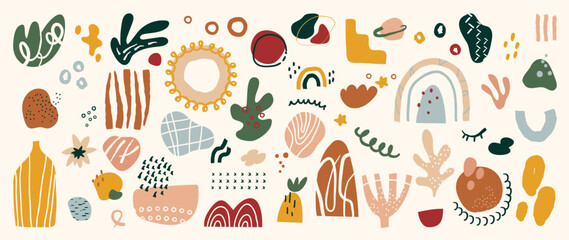 Abstract art background vector. Creative Hand drawn various shapes and doodle object elements for kids and school cover, abstract wall art for home decor,earth tone wallpaper,prints and pattern design