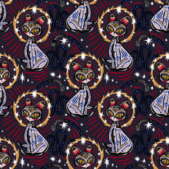 Magic living dead contemporary bone zombie three eye Cat demon seamless pattern. Retro modern kitty aesthetic background