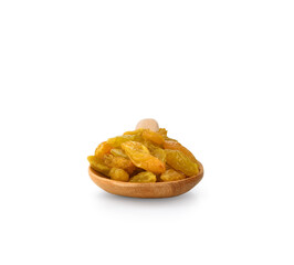 raisins in wood spoon isolated on white background