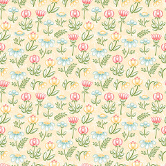 Wildflowers Vector Seamless pattern. Floral background with Hand drawn doodle Wild Flowers.
