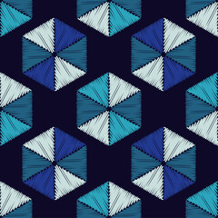 Mosaic with geometric shapes. Seamless pattern. Design with manual hatching. Textile. Ethnic boho ornament. Vector illustration for web design or print.