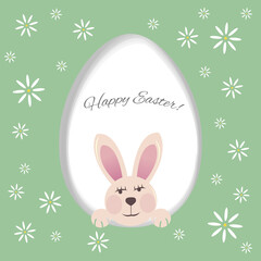 Happy Easter Card with Bunny, Egg and Flowers. Vector illustration.