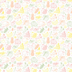 Food background. Vegetables and fruits seamless pattern. Hand drawn doodle Fresh Fruit and Vegetable. Vector illustration.
