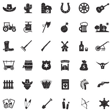 Cowboy Icons. Black Scribble Design. Vector Illustration.