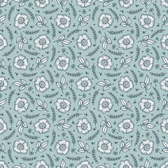 Naklejka premium Daisies. Vintage Floral Seamless Pattern. Cosmos Flower. Small White Flowers on Turquoise Background. Vector illustration 