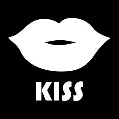 Isolated white lips icon with text on black background. Design element for poster, banner, clothes. Simple flat style. Vector illustration.