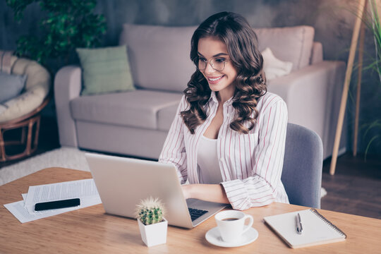 Top above high angle view photo of young attractive woman happy positive smile brose internet chat type laptop work distance home