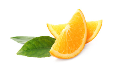 Slices of fresh ripe orange with green leaves on white background