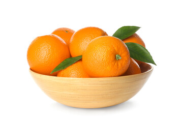 Fresh ripe oranges with green leaves in wooden bowl isolated on white