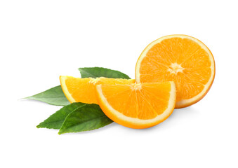 Cut fresh ripe orange with green leaves on white background