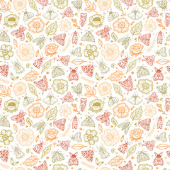 Vector Seamless Pattern with Night Butterflies and Plants. Vintage Floral Background. Hand Drawn Moths, Flowers, Leaves, Sprigs, Seeds.
