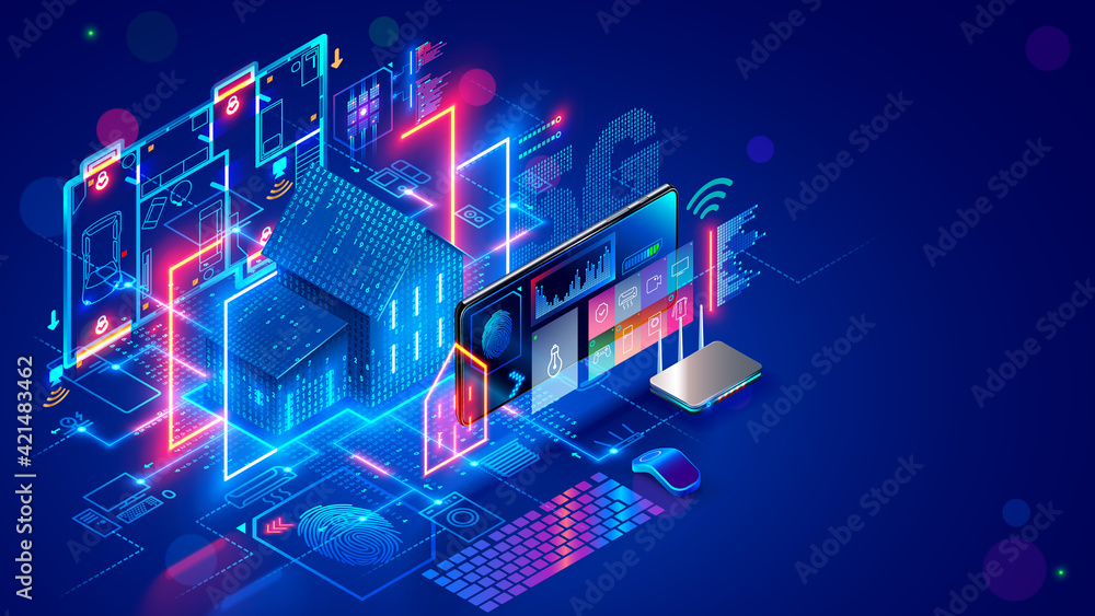Fototapete Smart home system develop. Internet of things. Engineering design digital infrastructure of house, configuration scripting of work smart devices. Phone app control IOT through 5g internet connection.