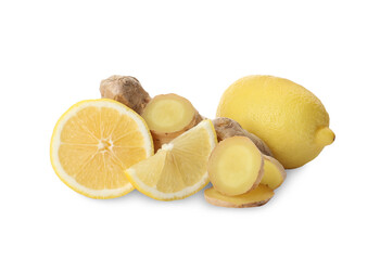 Fresh lemons and ginger on white background