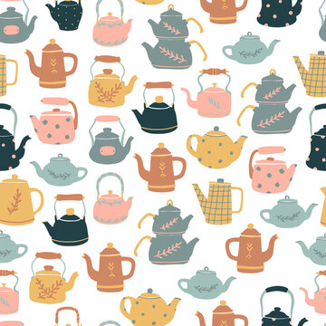 seamless pattern with hand drawn kettles for kitchen textile prints, wrapping paper, scrapbooking, backgrounds, wallpaper, etc. Kitchen, cafe, restaurant decor. 