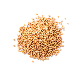 Heap of mustard seeds isolated on white, top view