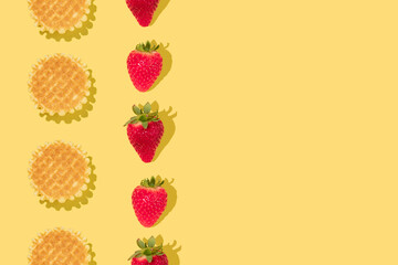 Creative pattern or frame made with strawberries and waffles on bold yellow background. Spring, optimistic and fun breakfast or brunch idea. Happy life layout. Strawberry fruit concept.