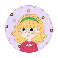 Сute Blonde Girl with Pimples on Face Portrait illustration. Cartoon anime girl will acne on purple background with donut pattern. Cute young woman with problem fat skin. Whitehead pustule treatment.