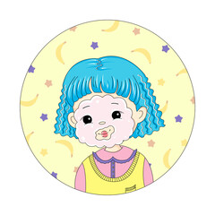 Cute Girl Applying Face Mask Portrait illustration. Short Haircut Blue Hair  Girl and on a Yellow Background. Cleansing The Face From Acne. Young Girl Washing Face With Foam. Cute Anime Young Woman.