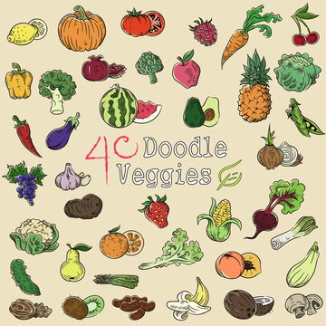 40 vector doodle veggies illustrations set. Vegetables & fruits drawings. Healthy greens food art pack. Colorful doodles veggie miniatures