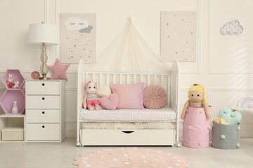 Cozy baby room interior with crib and toys