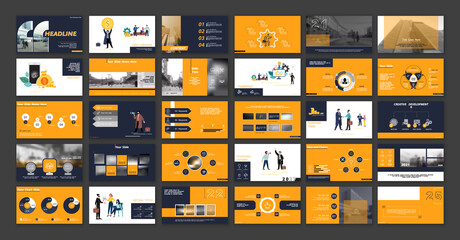Business presentation, powerpoint, infographic design template, orange, blue elements, white background set.New technology.Team of people creates a business, teamwork.Financial work.Use of flyers, SEO - obrazy, fototapety, plakaty