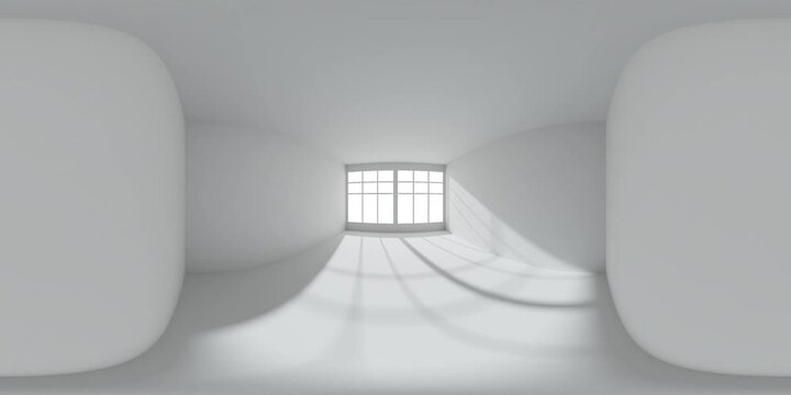 White empty room with white wall, floor, ceiling with sun light from window HDRI environment map, colorless white 360 degrees spherical panorama, view form wall, 3d animation mock-up