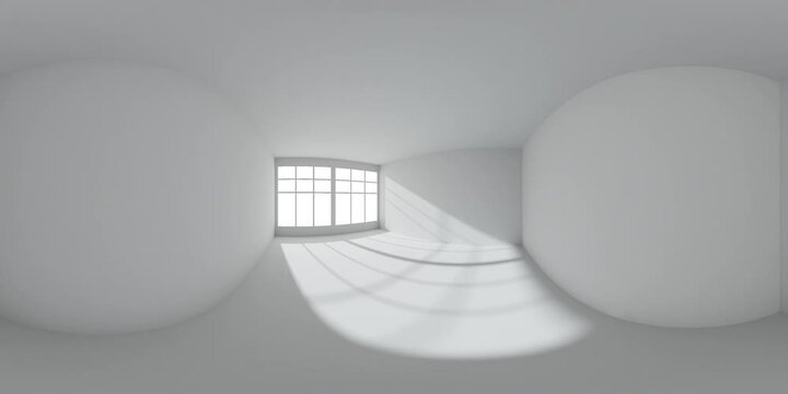 White empty room with white wall, floor, ceiling with sun light from window HDRI environment map, colorless white 360 degrees spherical panorama, view form corner, 3d animation mock-up