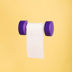 Humorous fitness concept with toilet paper hanging on purple exercise dumbbell weight on yellow background.